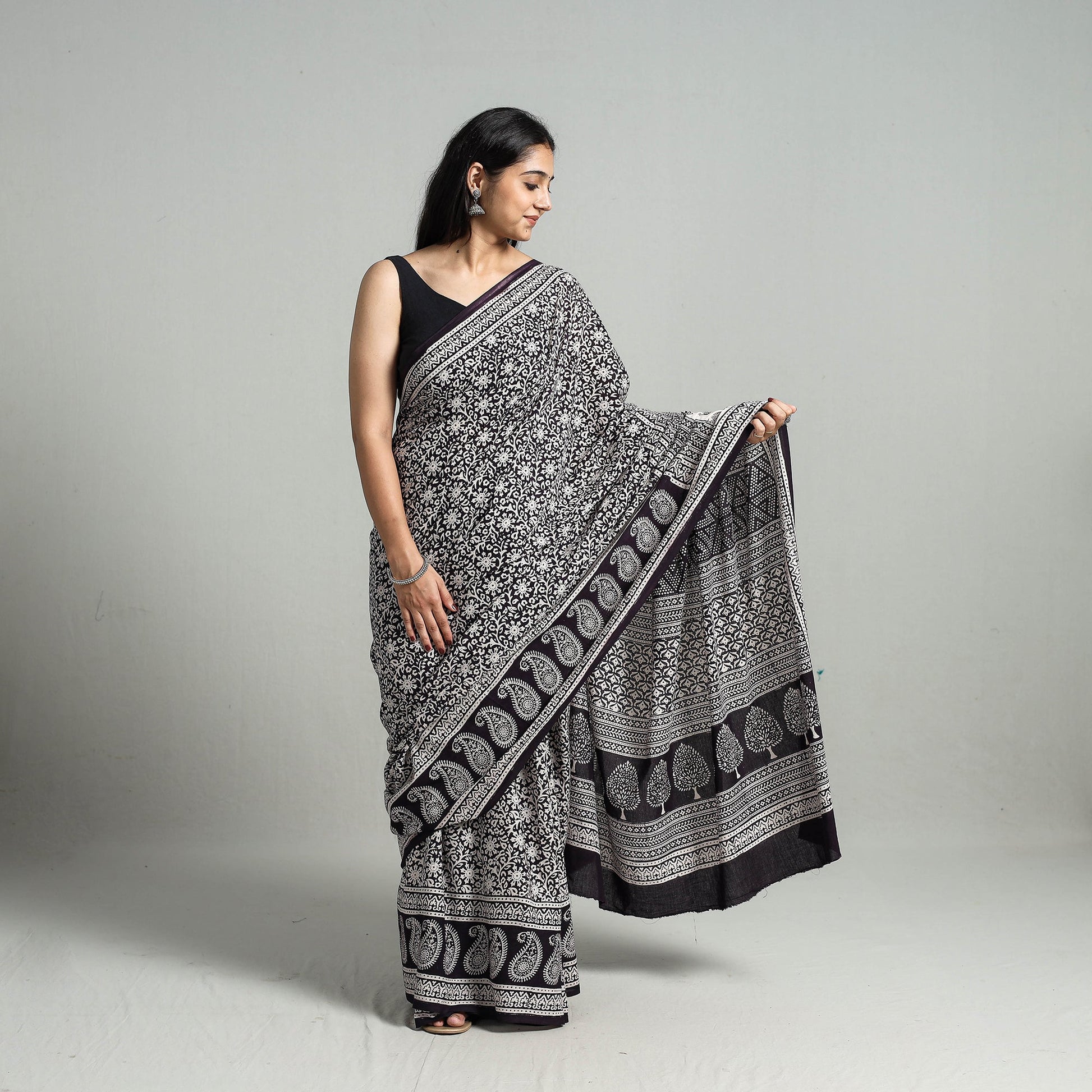 Black - Natural Dyed Bagh Print Cotton Saree with Blouse Piece 04