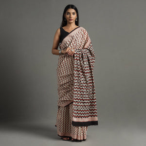 Brown - Bagru Hand Block Printed Mul Cotton Natural Dyed Saree 12
