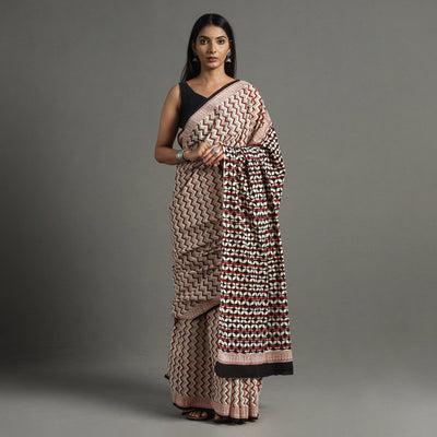 Brown - Bagru Hand Block Printed Mul Cotton Natural Dyed Saree 12