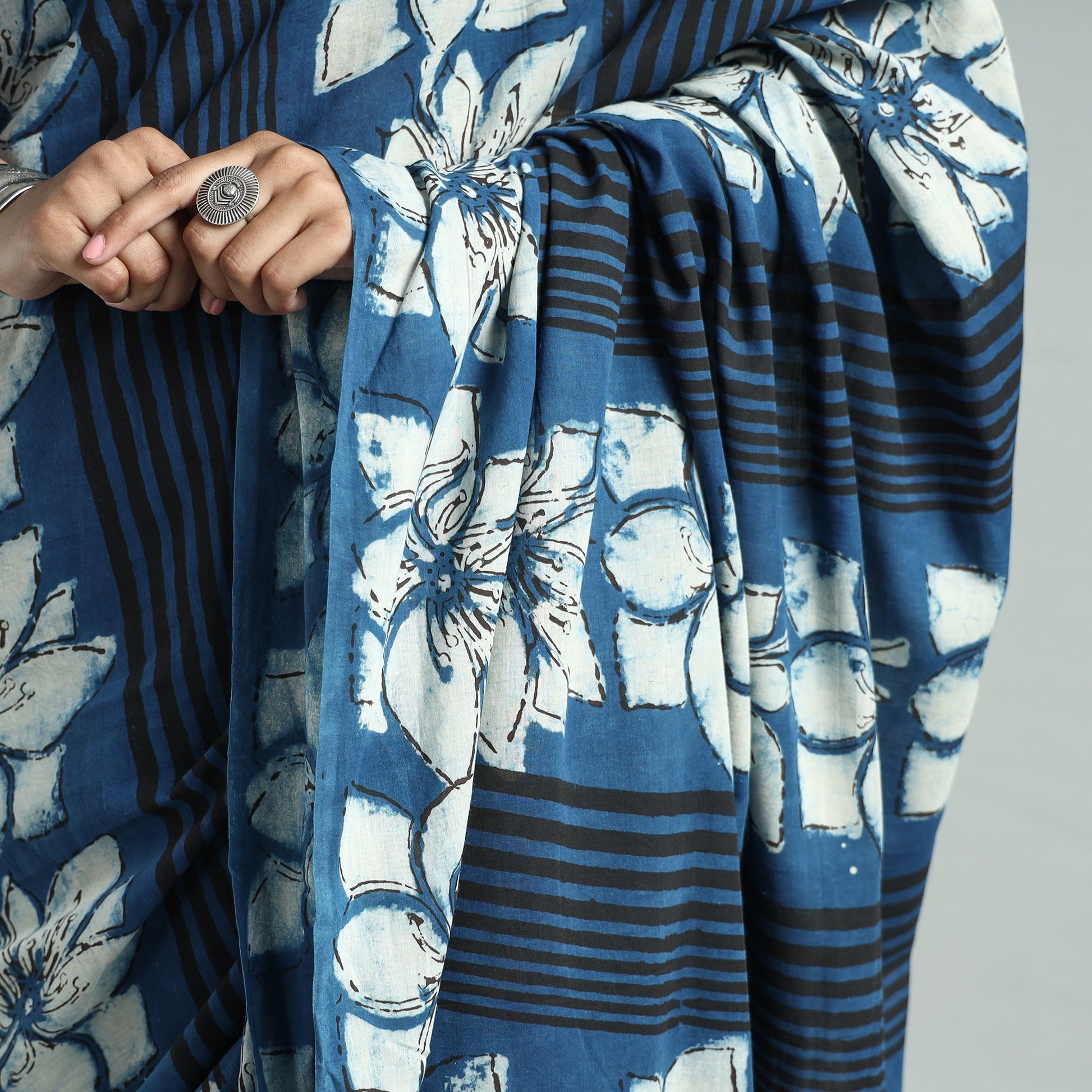 Blue - Bindaas Art Block Printed Natural Dyed Cotton Saree 29