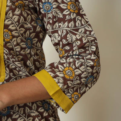 Brown - Kalamkari Printed Cotton Pintuck Long Straight Kurta 68