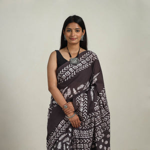 Brown - Cotton Hand Batik Print Saree 11