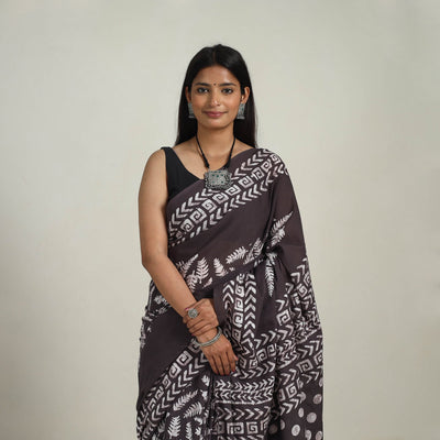 Brown - Cotton Hand Batik Print Saree 11