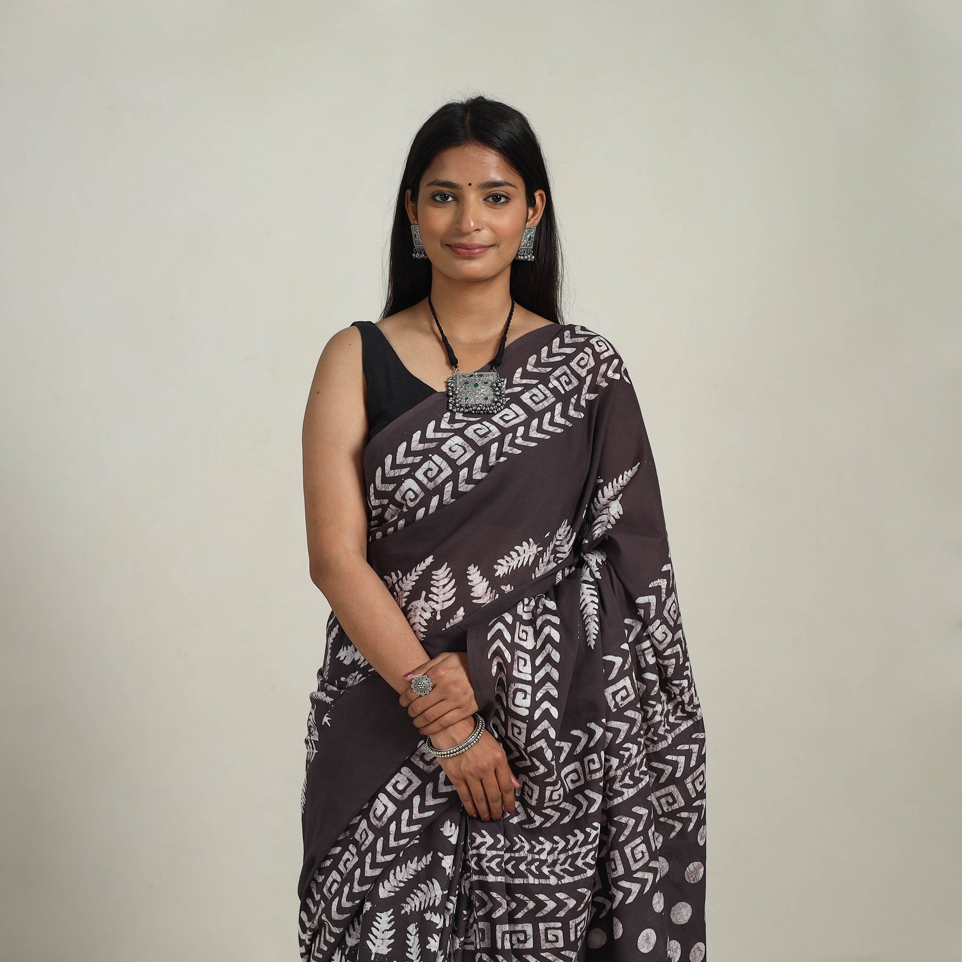 Brown - Cotton Hand Batik Print Saree 11