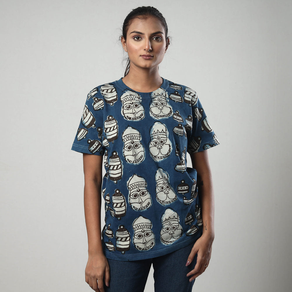 Blue - Bindaas Block Art Printed Cotton Round Neck T-shirt