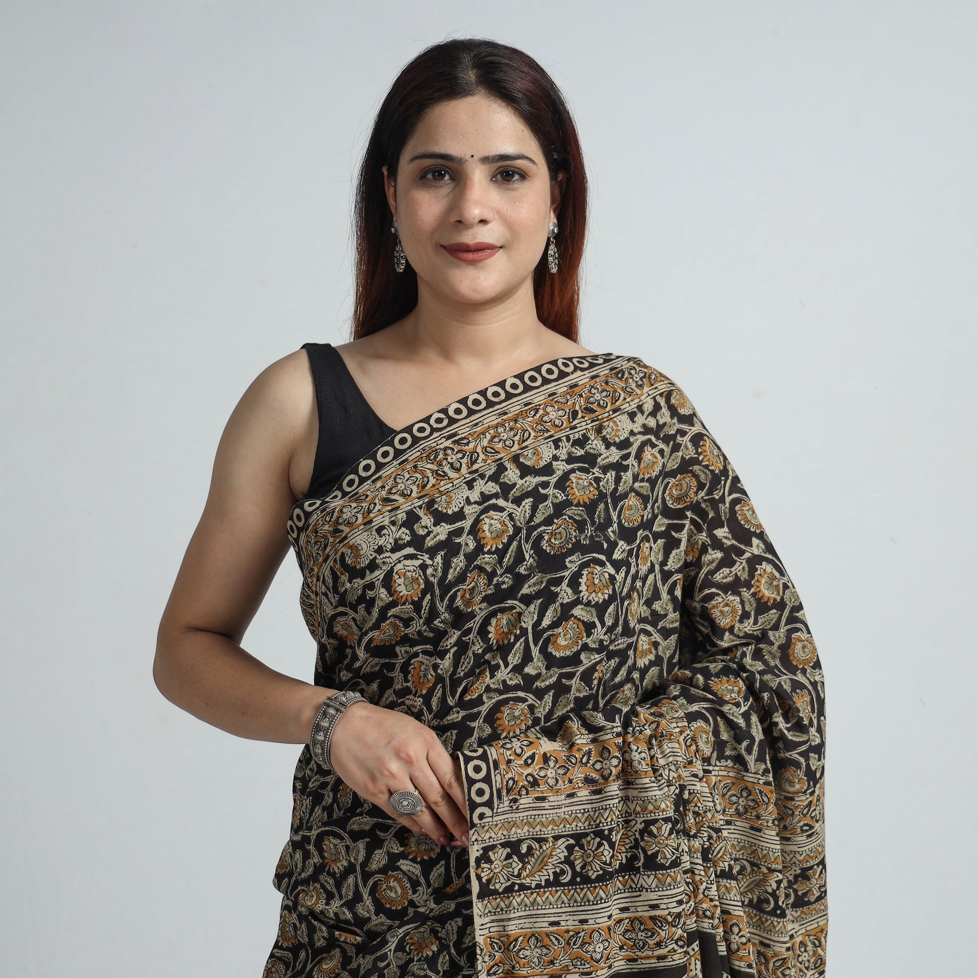 Black - Pedana Block Print Cotton Kalamkari Saree 07