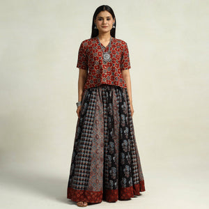 Black - Kutch Block Printed 24 Kali Cotton Long Skirt 04