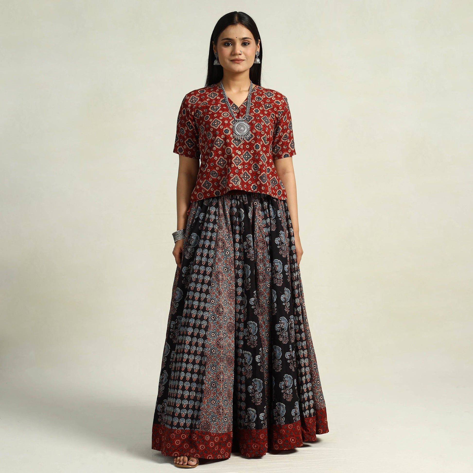 Black - Kutch Block Printed 24 Kali Cotton Long Skirt 04