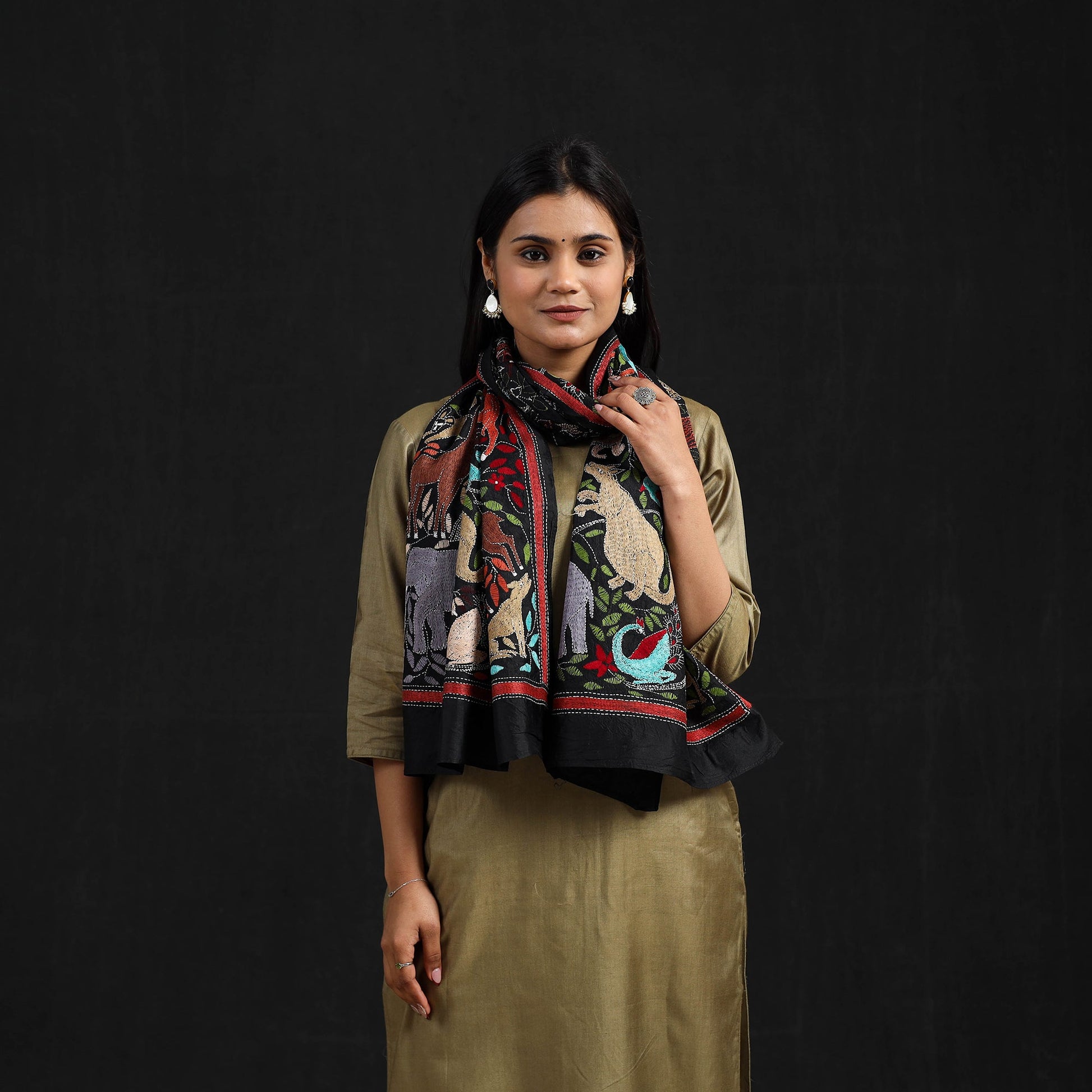 Black - Handloom Silk Bengal Kantha Work Stole 31