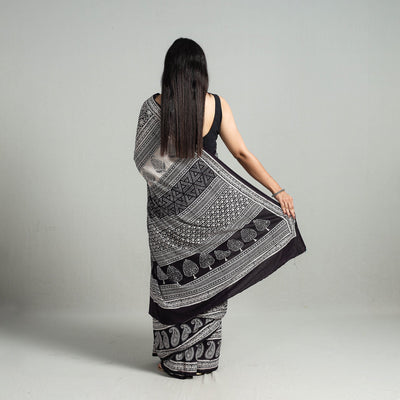 Black - Natural Dyed Bagh Print Cotton Saree with Blouse Piece 04