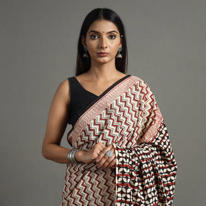 Brown - Bagru Hand Block Printed Mul Cotton Natural Dyed Saree 12