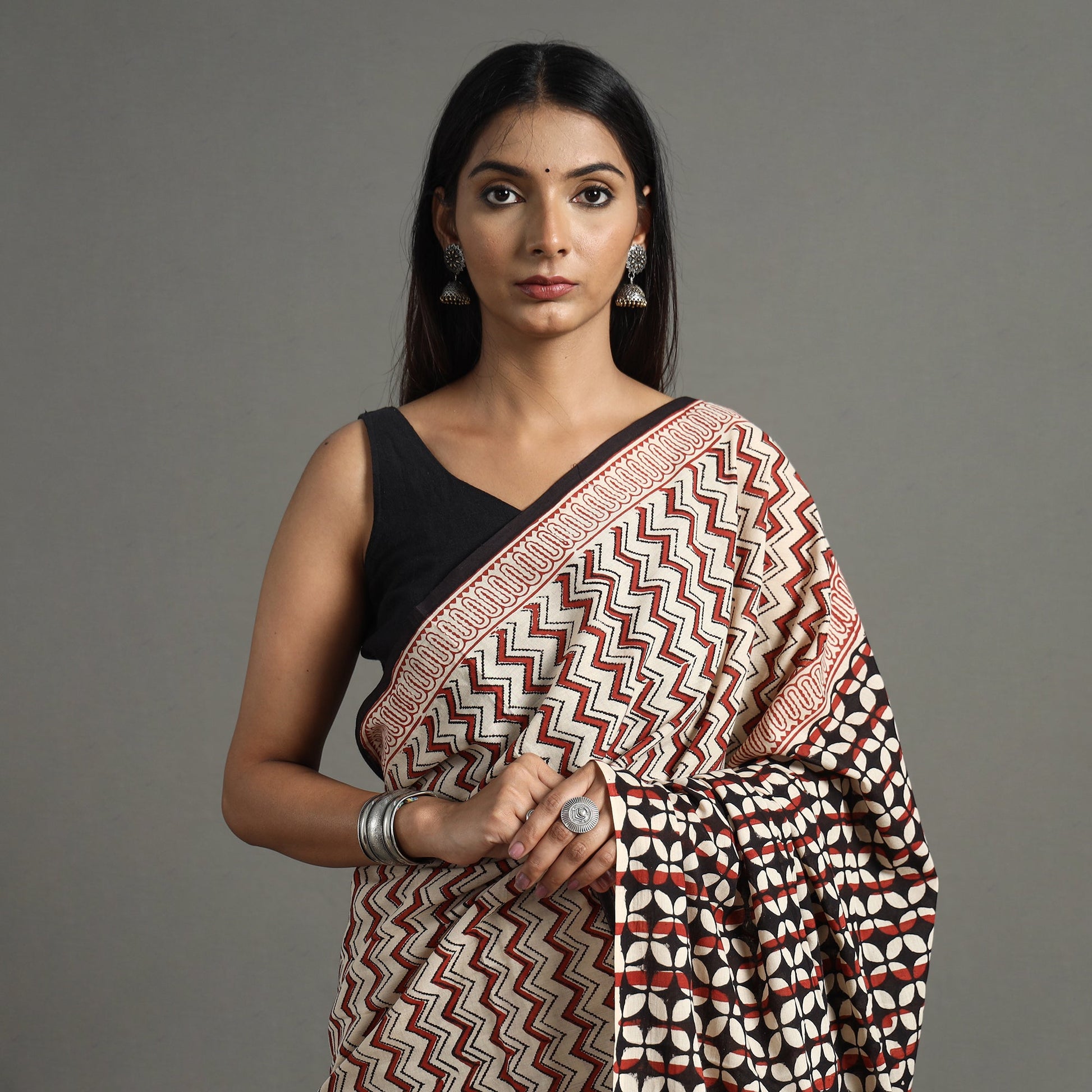 Brown - Bagru Hand Block Printed Mul Cotton Natural Dyed Saree 12