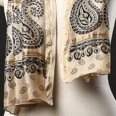 Beige - Pedana Block Print Chanderi Silk Kalamkari Stole 06
