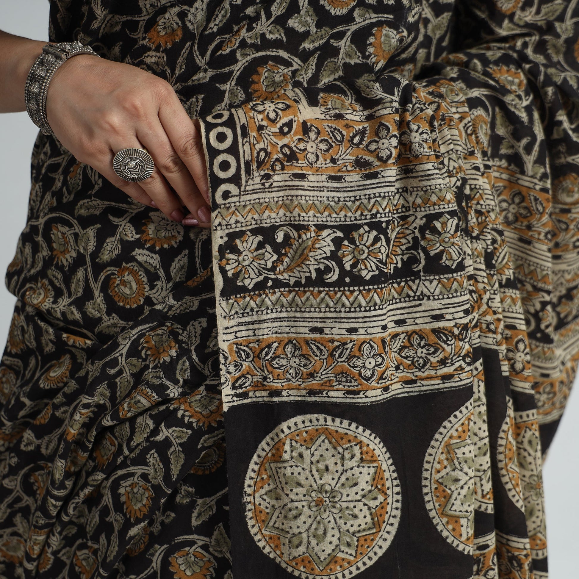 Black - Pedana Block Print Cotton Kalamkari Saree 07
