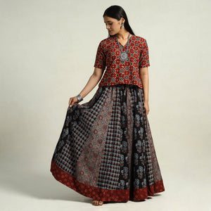 Black - Kutch Block Printed 24 Kali Cotton Long Skirt 04