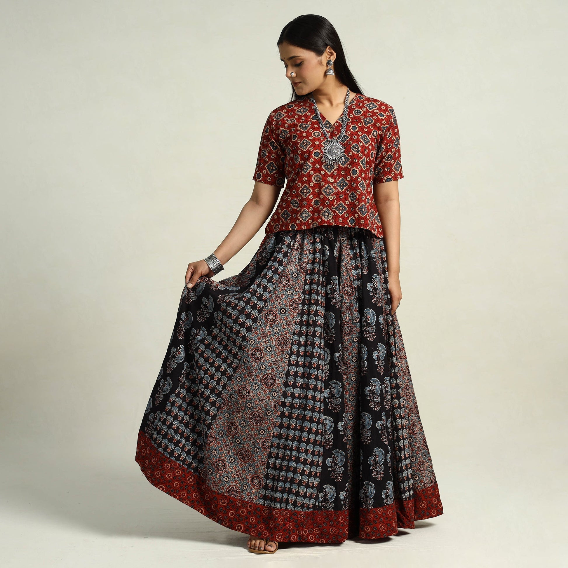 Black - Kutch Block Printed 24 Kali Cotton Long Skirt 04