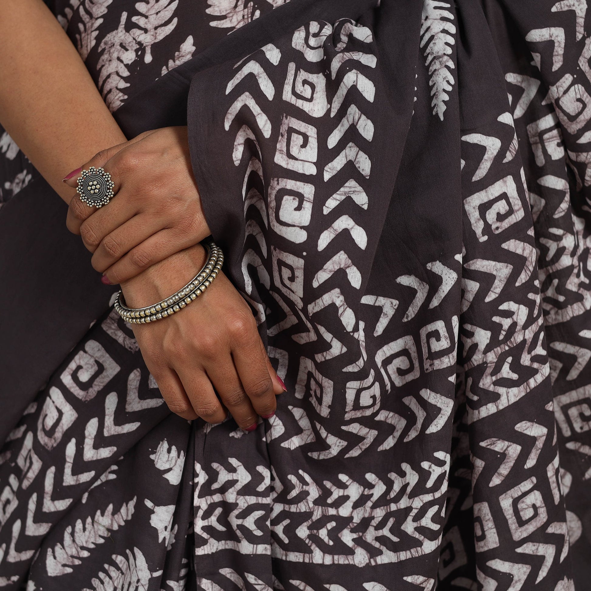 Brown - Cotton Hand Batik Print Saree 11