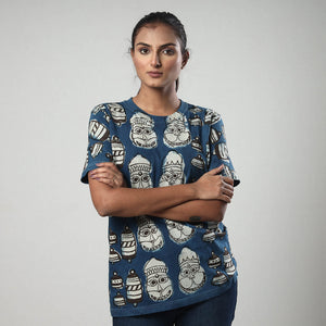 Blue - Bindaas Block Art Printed Cotton Round Neck T-shirt