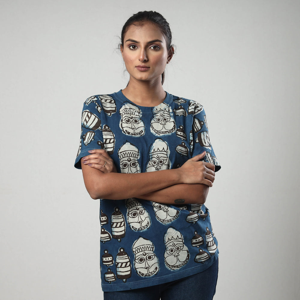 Blue - Bindaas Block Art Printed Cotton Round Neck T-shirt