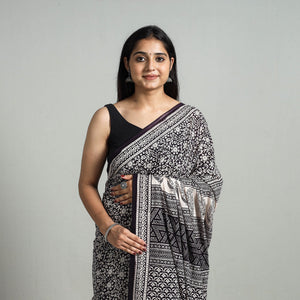 Black - Natural Dyed Bagh Print Cotton Saree with Blouse Piece 04