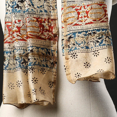 Beige - Pedana Block Print Chanderi Silk Kalamkari Stole 07