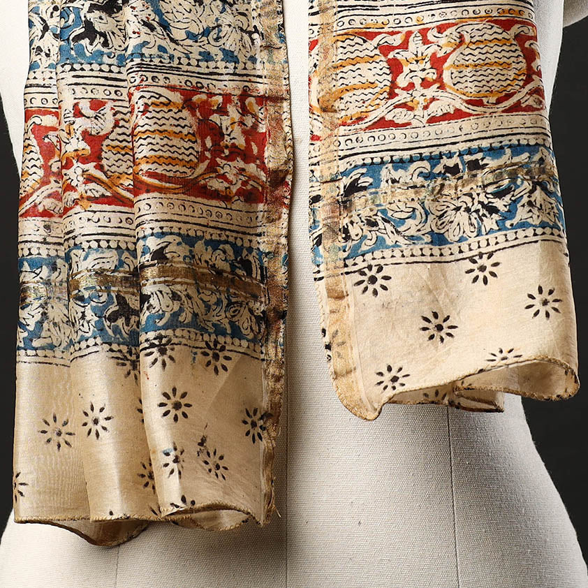 Beige - Pedana Block Print Chanderi Silk Kalamkari Stole 07
