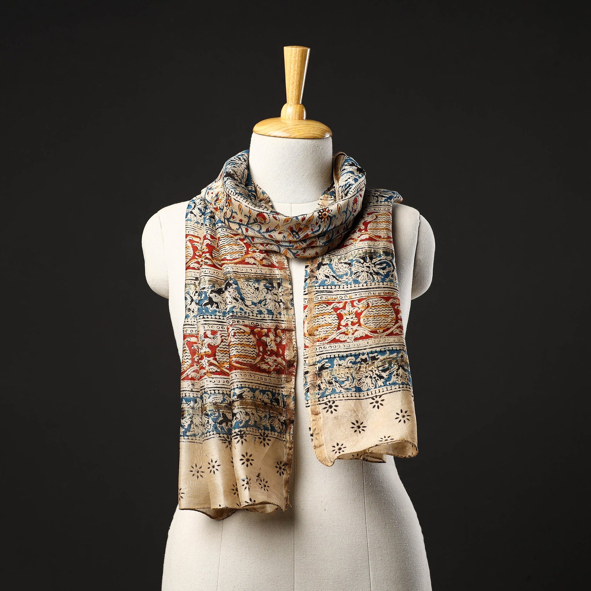 Beige - Pedana Block Print Chanderi Silk Kalamkari Stole 07