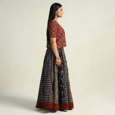 Black - Kutch Block Printed 24 Kali Cotton Long Skirt 04