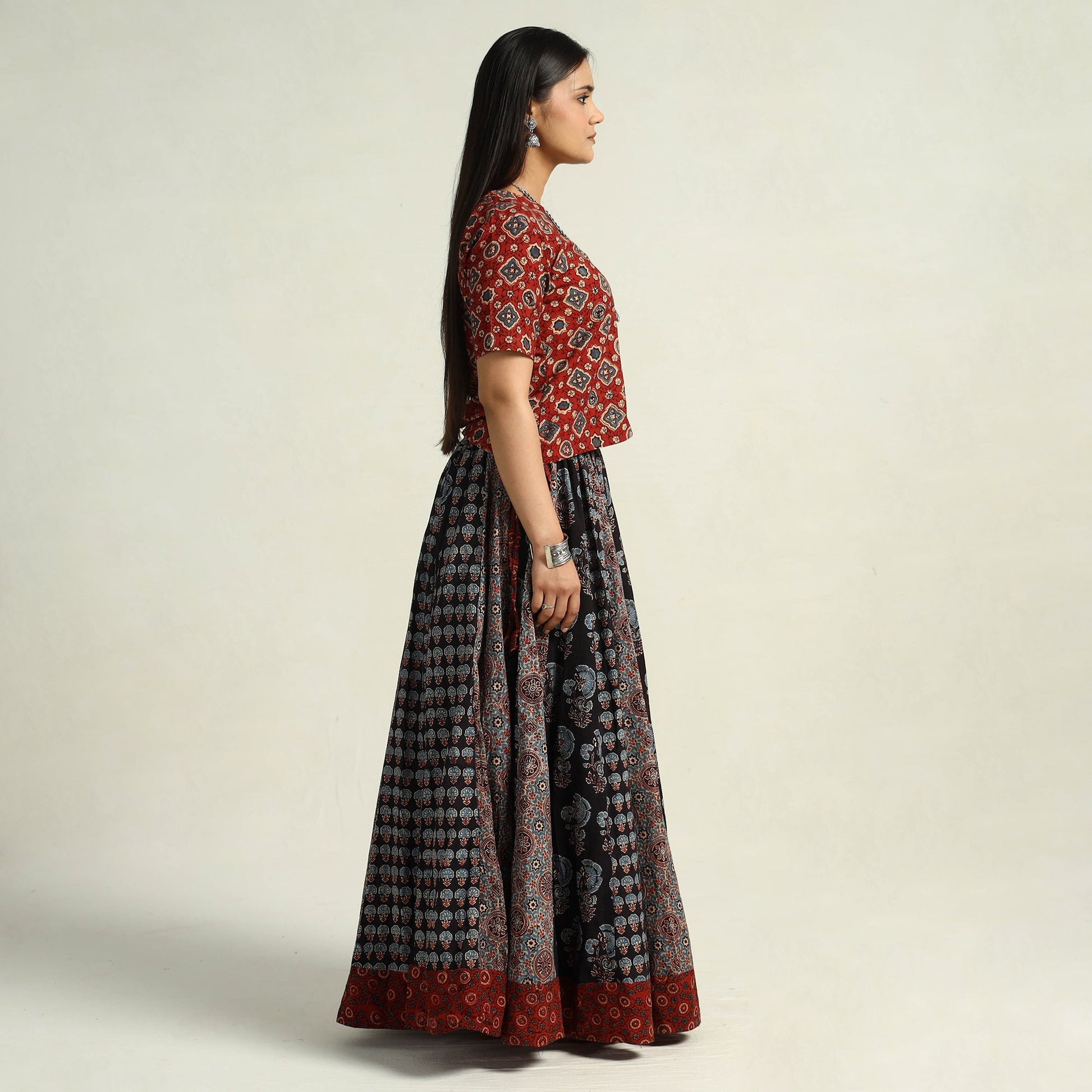 Black - Kutch Block Printed 24 Kali Cotton Long Skirt 04