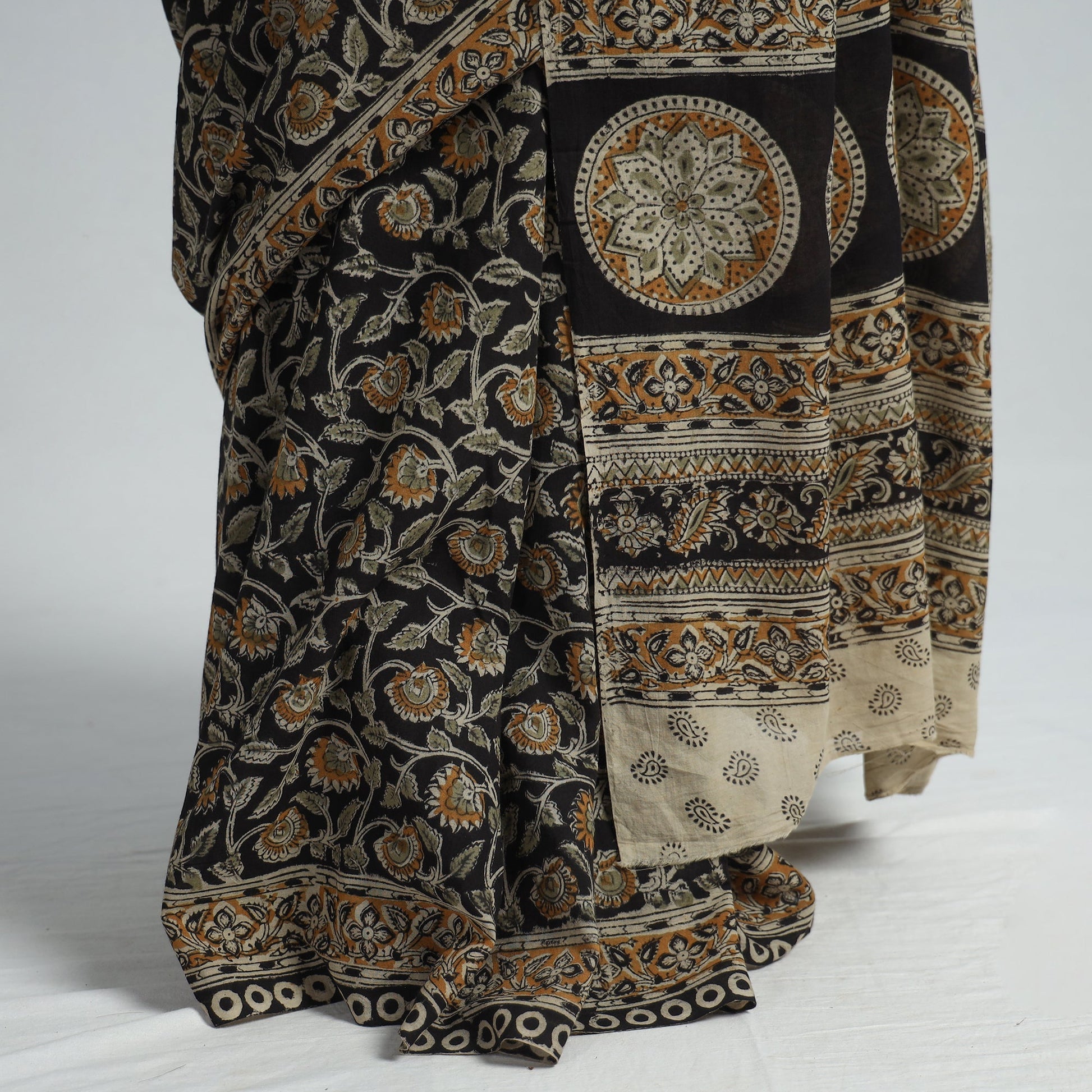 Black - Pedana Block Print Cotton Kalamkari Saree 07