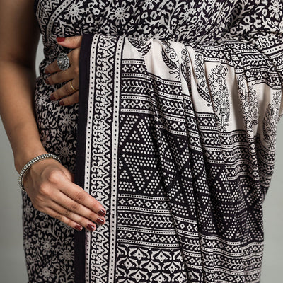 Black - Natural Dyed Bagh Print Cotton Saree with Blouse Piece 04
