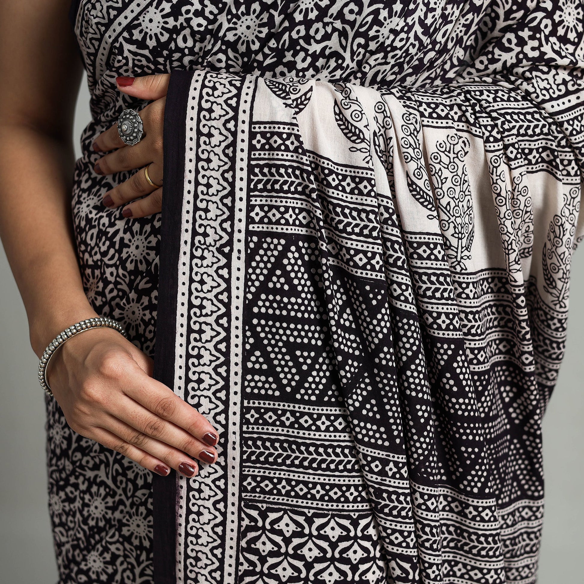 Black - Natural Dyed Bagh Print Cotton Saree with Blouse Piece 04