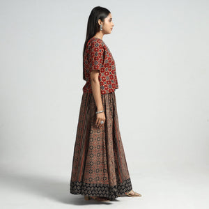 Brown - Ajrakh Block Printed 24 Kali Patchwork Cotton Long Skirt