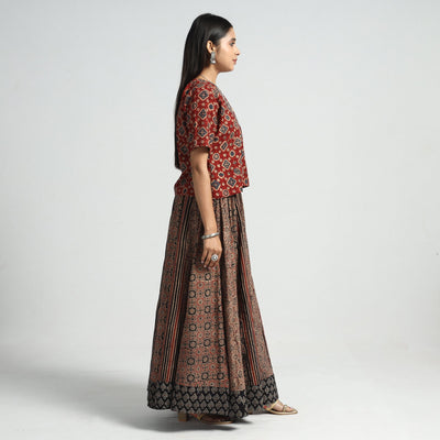 Brown - Ajrakh Block Printed 24 Kali Patchwork Cotton Long Skirt