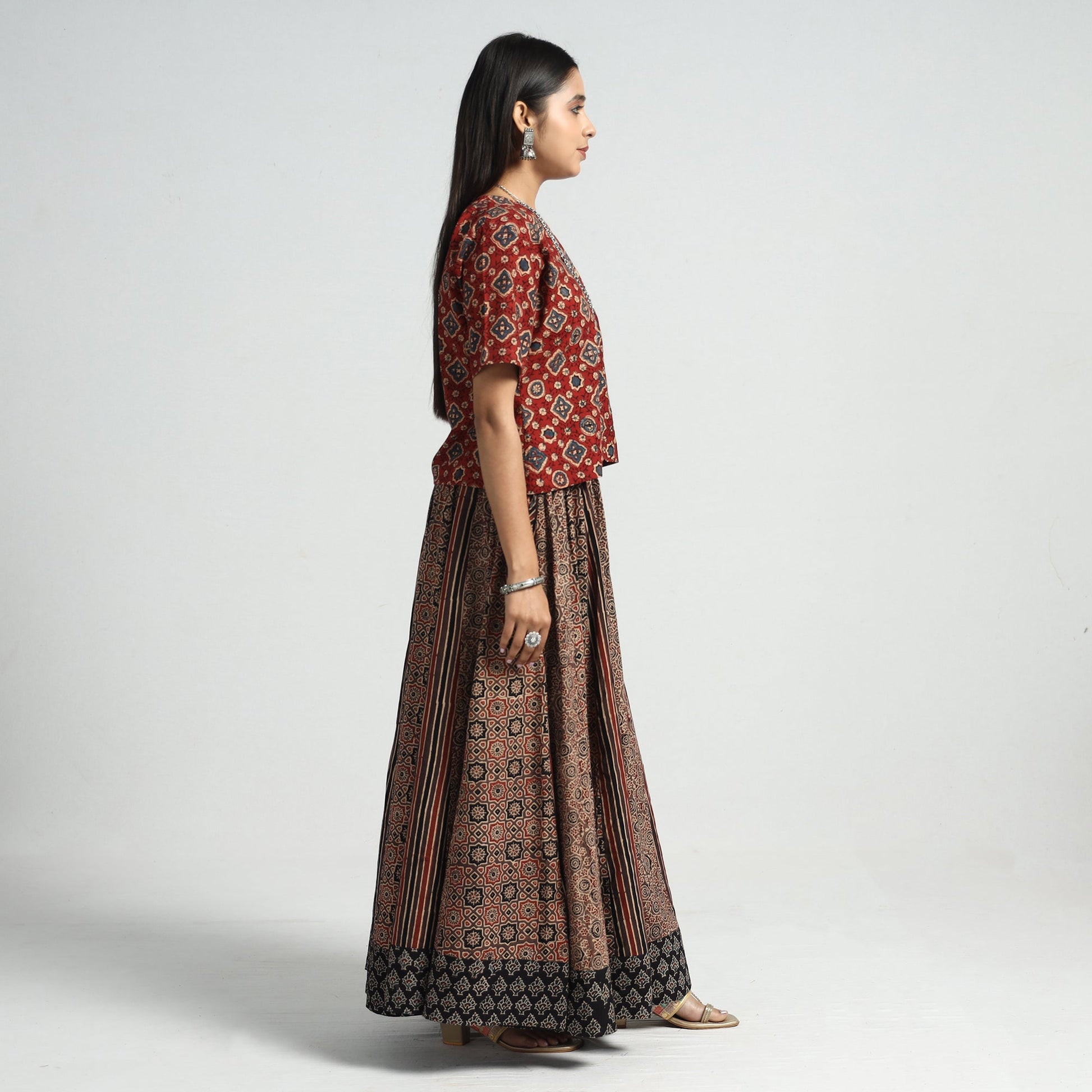 Brown - Ajrakh Block Printed 24 Kali Patchwork Cotton Long Skirt