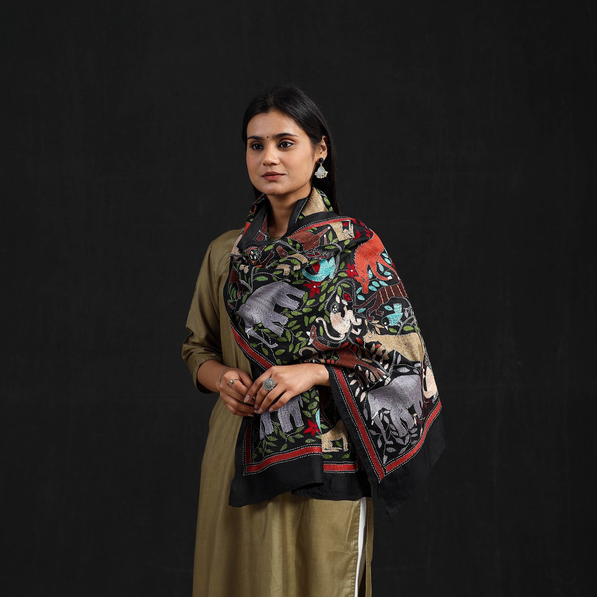 Black - Handloom Silk Bengal Kantha Work Stole 31