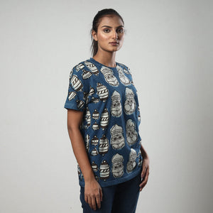 Blue - Bindaas Block Art Printed Cotton Round Neck T-shirt
