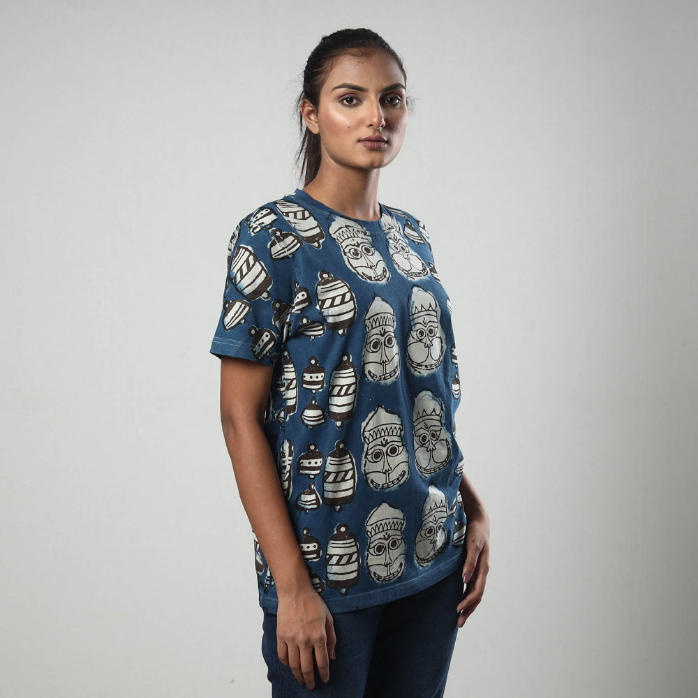 Blue - Bindaas Block Art Printed Cotton Round Neck T-shirt