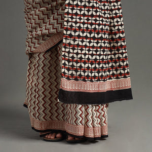 Brown - Bagru Hand Block Printed Mul Cotton Natural Dyed Saree 12