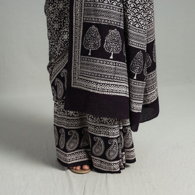 Black - Natural Dyed Bagh Print Cotton Saree with Blouse Piece 04