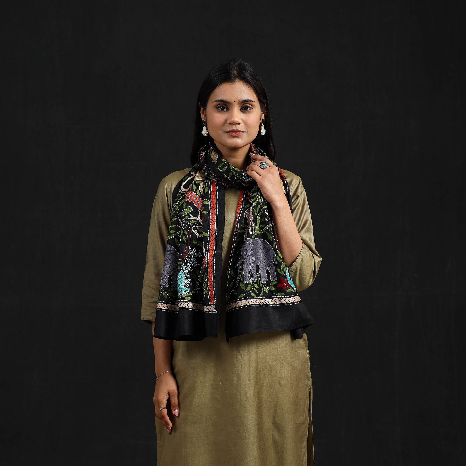 Black - Handloom Silk Bengal Kantha Work Stole 28