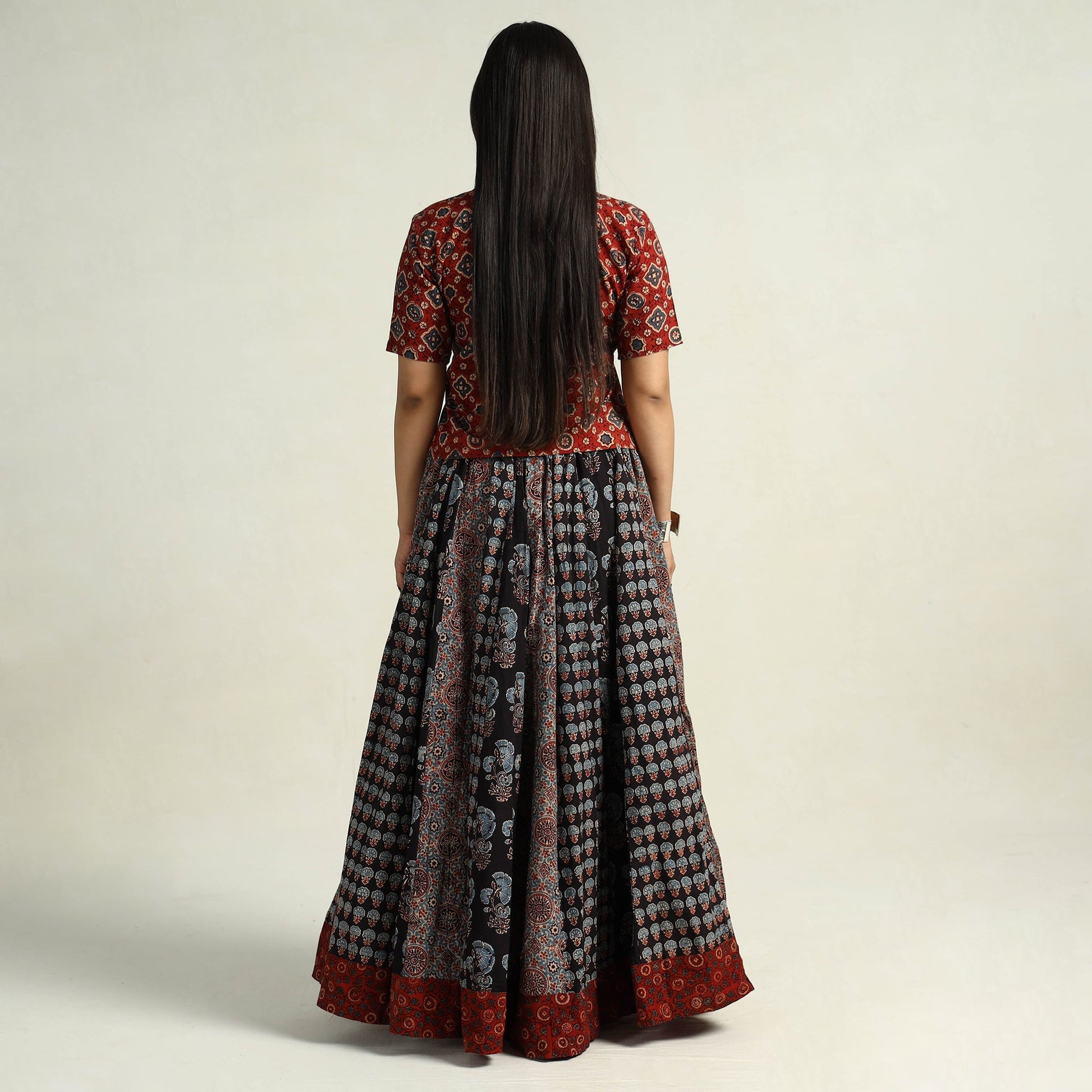 Black - Kutch Block Printed 24 Kali Cotton Long Skirt 04