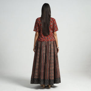 Brown - Ajrakh Block Printed 24 Kali Patchwork Cotton Long Skirt