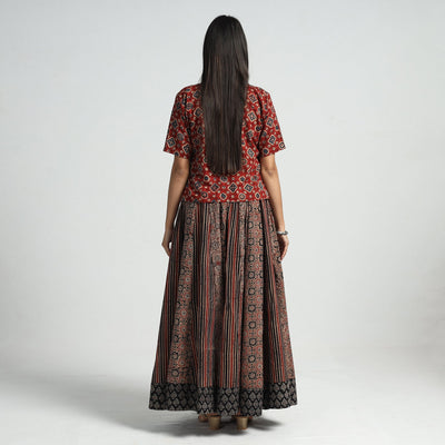 Brown - Ajrakh Block Printed 24 Kali Patchwork Cotton Long Skirt