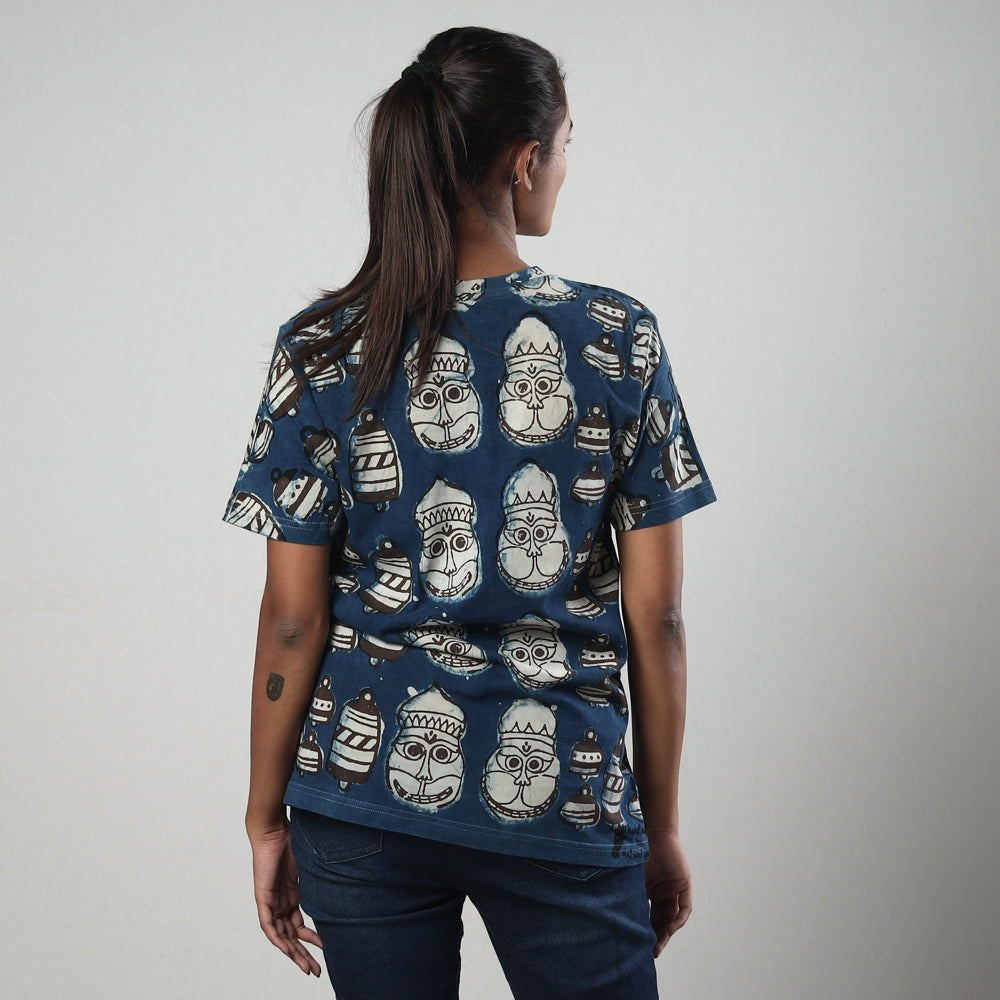Blue - Bindaas Block Art Printed Cotton Round Neck T-shirt
