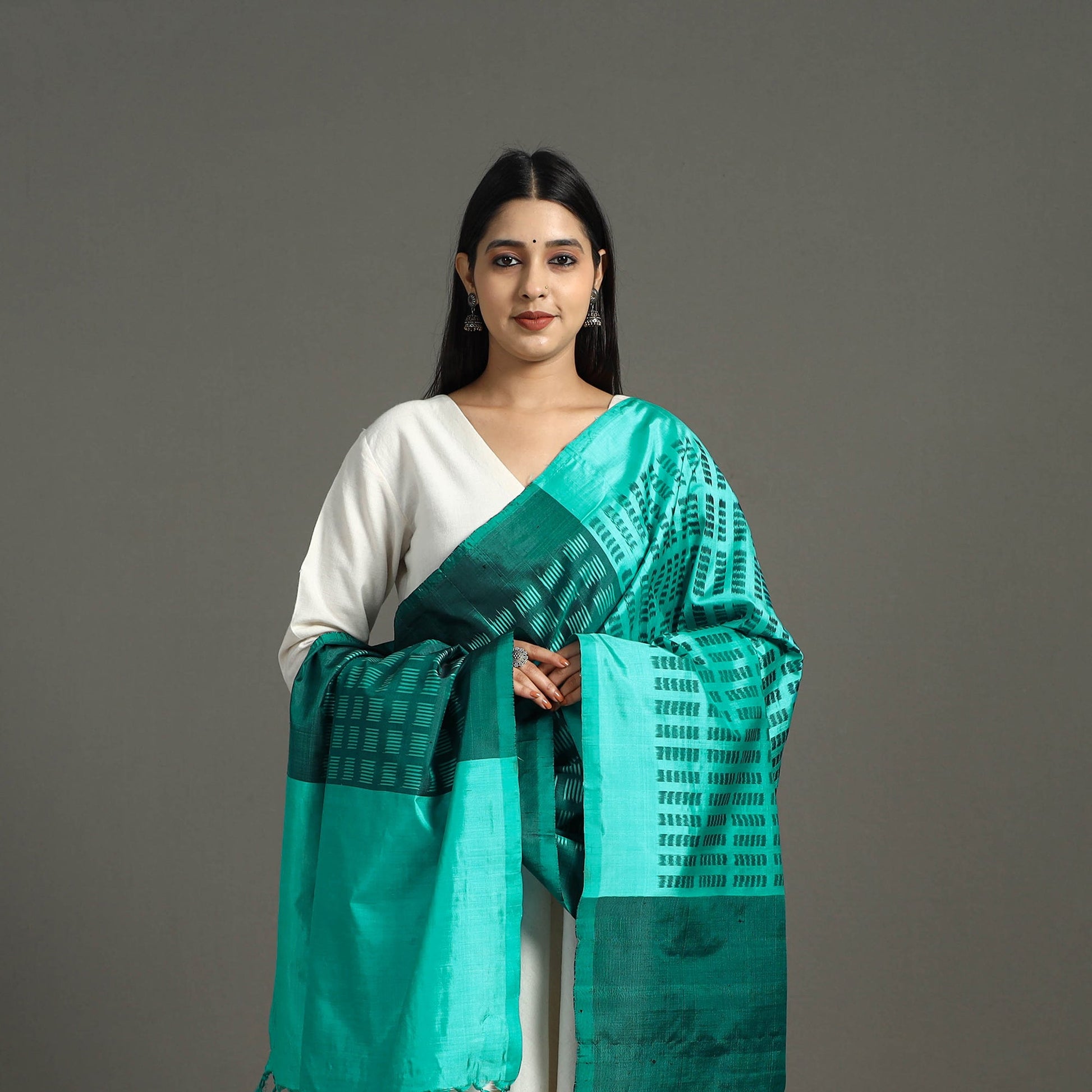 Green -  Handloom Mulberry Silk Pochampally Ikat Dupatta 42