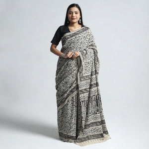 Beige - Pedana Block Print Cotton Kalamkari Saree