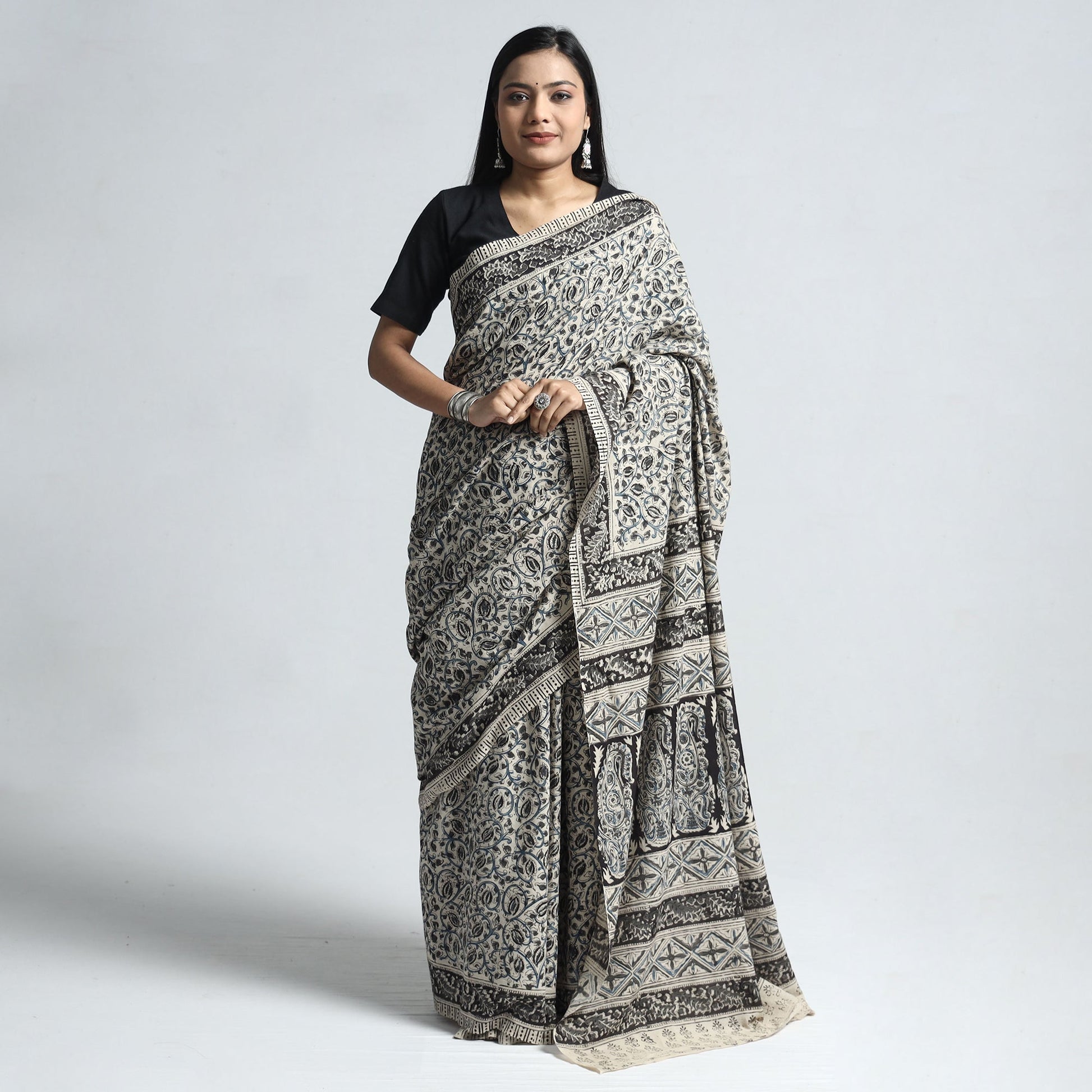 Beige - Pedana Block Print Cotton Kalamkari Saree