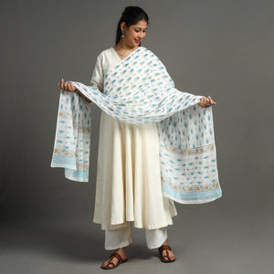 Blue - Block Printed Mul Cotton Sanganeri Dupatta 15
