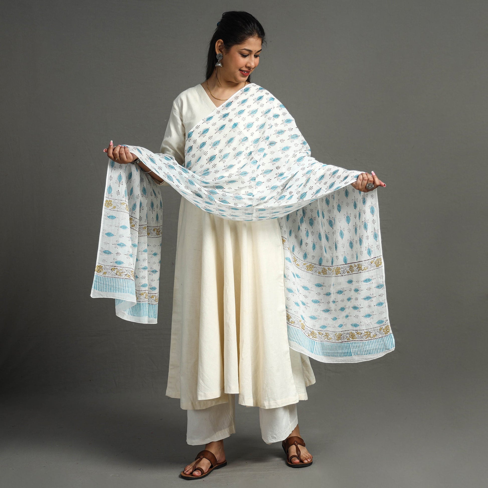 Blue - Block Printed Mul Cotton Sanganeri Dupatta 15